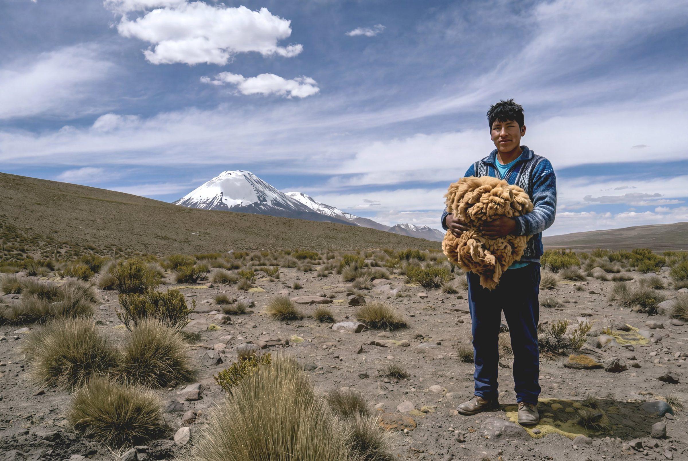 Joven sosteniendo lana de alpaca en el altiplano, con un volcán nevado de fondo